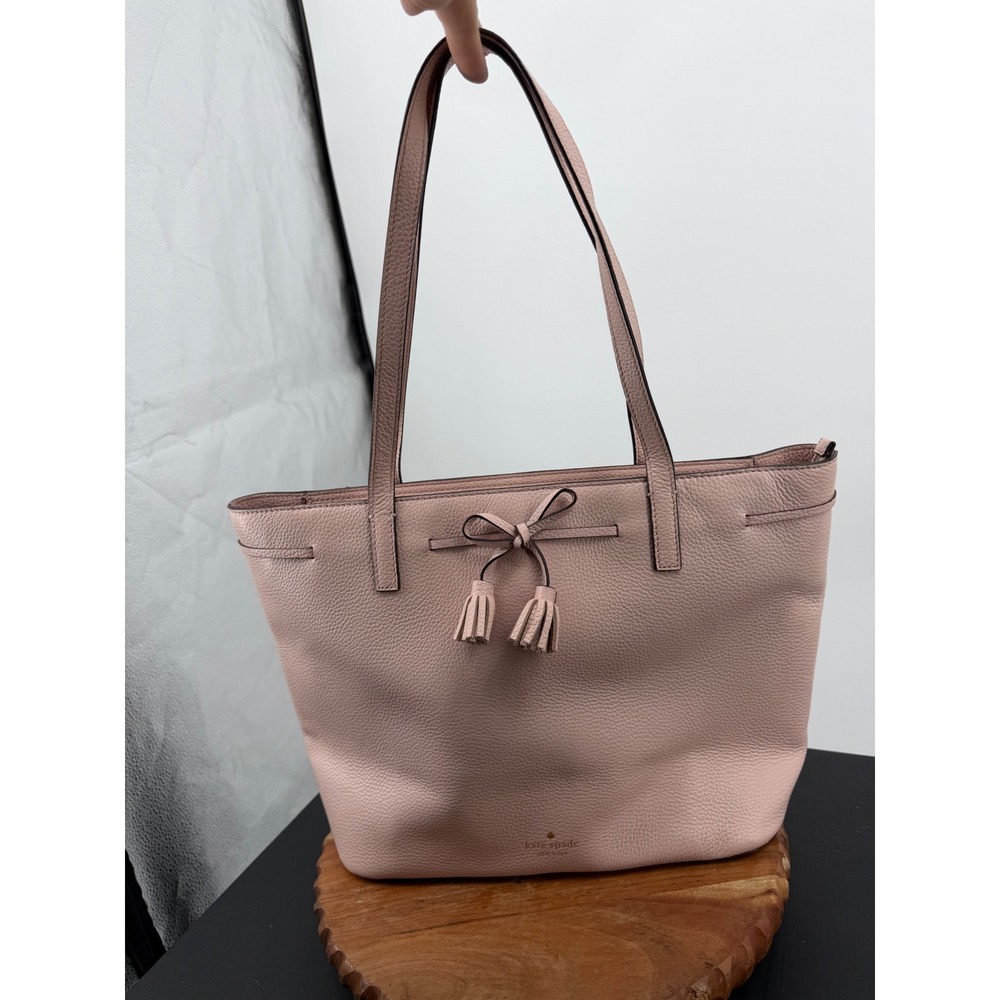 Kate Spade Hayes Tote Bag Womens Large Pink Pebbled Leather Bow Tassel WKRU6244